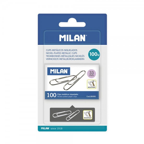 Blister 1 caja con 100 clips metalicos 33mm milan.
