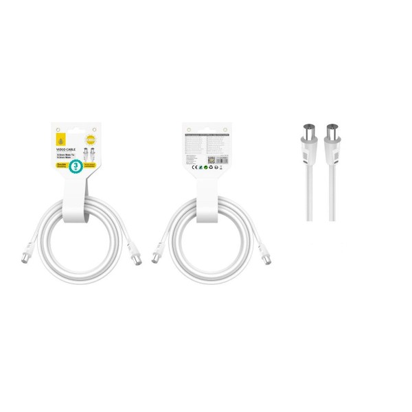 Jc nb1490 blanco / cable de video (coaxial), conector banado en niquel, 9.5mm macho a macho, 3m